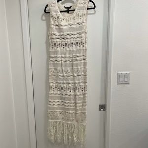 BCBG MaxAzria crochet maxi sleeveless dress fringe hem. Nude slip adjustable